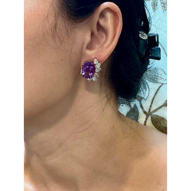 22 Ct Natural Amethyst & 3.60 Ct Pear shape Diamond Stud Earrings, 14KWG, A Pair For Sale - Image 13 of 18