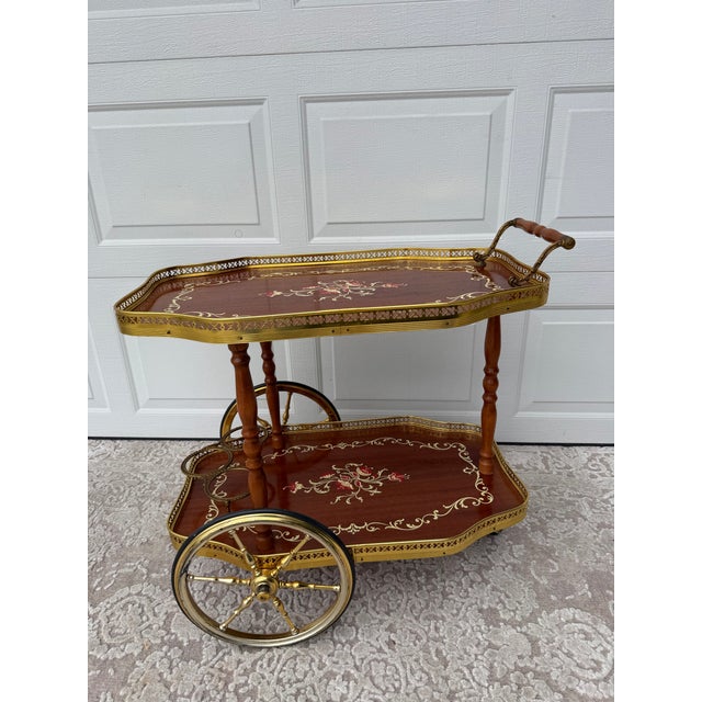 Traditional Mid-Century Traditional Wood and Brass Tea Cart With Floral Detail For Sale - Image 3 of 14