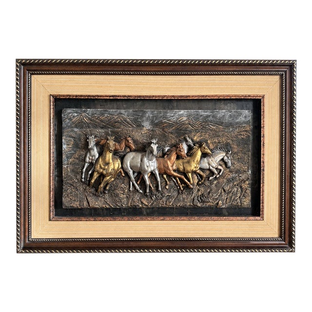 Sculpted Horse Wall Art – Galloping Horses in a Mountain Landscape With Silver, Bronze & Gold Leaf Details For Sale