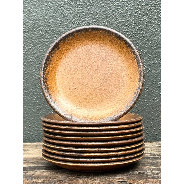 Vintage Mid-Century Modern Glazed Ceramic Dinner Plates - Set of 10 For Sale In West Palm - Image 6 of 12