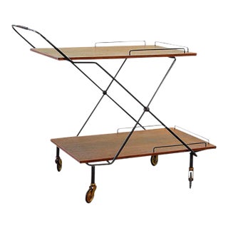 Scandinavian Minimalist Foldable and Mobile Teak Tea Trolley on Black Steel Frame, 1950s For Sale