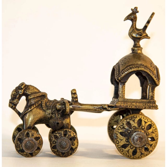 Antique hindu bronze Temple horse and chariot statue toy on wheels. Commonly known as "Temple Toys," these cast brass...