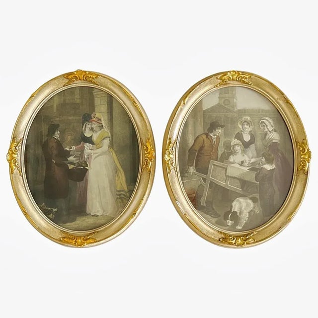 Vanilla Vintage Ca 1950s, 18th Century Francis Wheatley’s ‘Cries of London’, Colored Engraving’s Prints in Oval Gilt Frames, a Set of 2 For Sale - Image 8 of 8