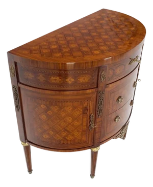 Demi Lune French Louis XV Marquetry Top 3 Drawer Dresser Commode Bronze