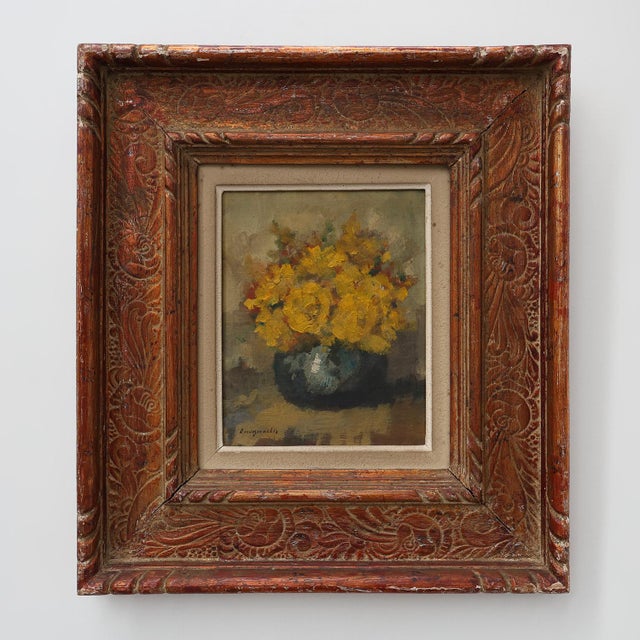 Still Life with Yellow Flowers in a Vase, Ca. 1930-1950, 1920s, Oil on Canvas & Wood For Sale - Image 11 of 11