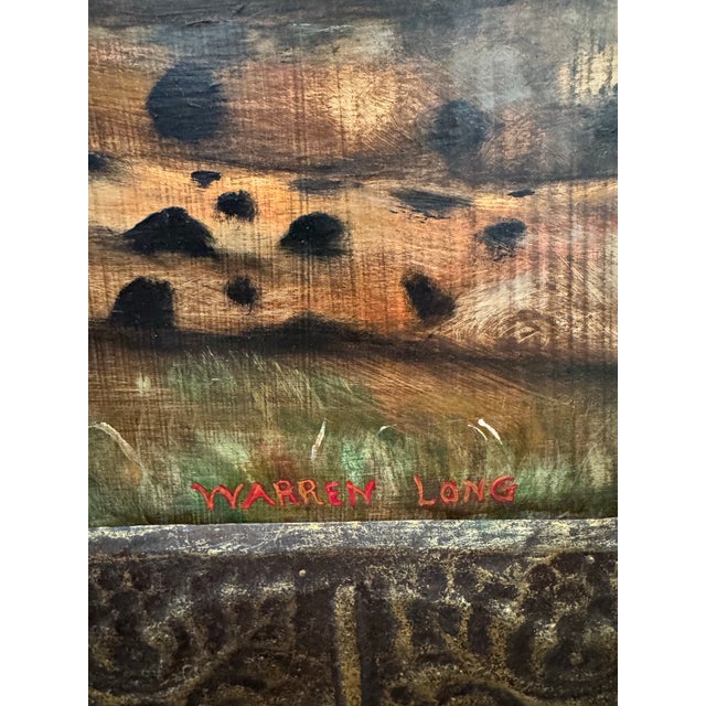 Warren Long Monumental Signed Cheetah Painting in Artist-Made Salvaged Tin Frame, 68” For Sale - Image 4 of 8