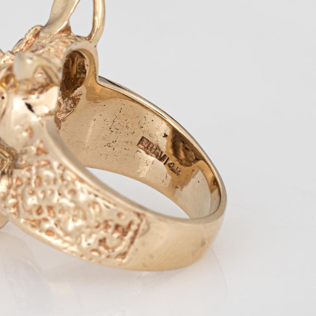 Metal 1970s Vintage Owl on Branch Ring 14k Yellow Gold Diamond Emerald Eyes Jewelry Size 6 For Sale - Image 7 of 7