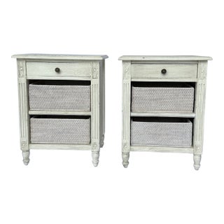 Late 20th Century Pair of Distressed French Style Nightstands With Woven Basket Shelves For Sale