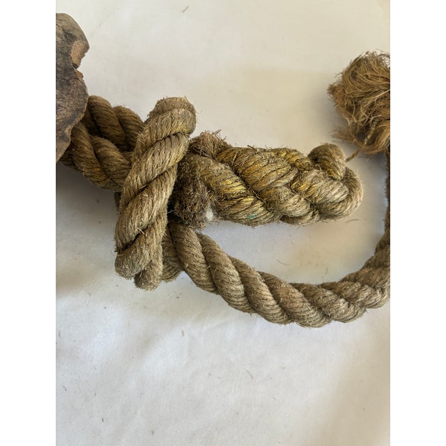 Vintage Nautical Wood & Cast Metal Pulley Block With Rope – Maritime Industrial Décor For Sale - Image 11 of 12