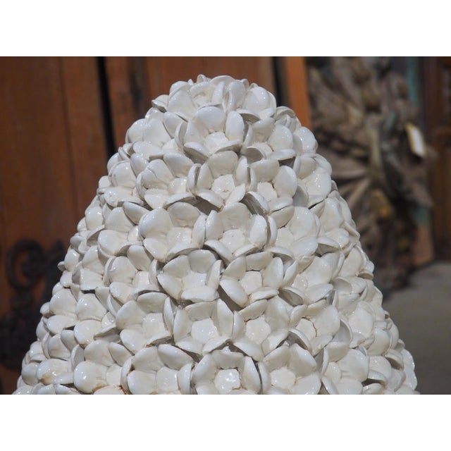 Pair of Tall Italian Pyramidal Creamware Topiaries, H-28 Inches For Sale - Image 11 of 18