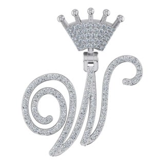 10K White Gold Round Diamond Crown W Letter Initial Pendant 1/4 Cttw For Sale