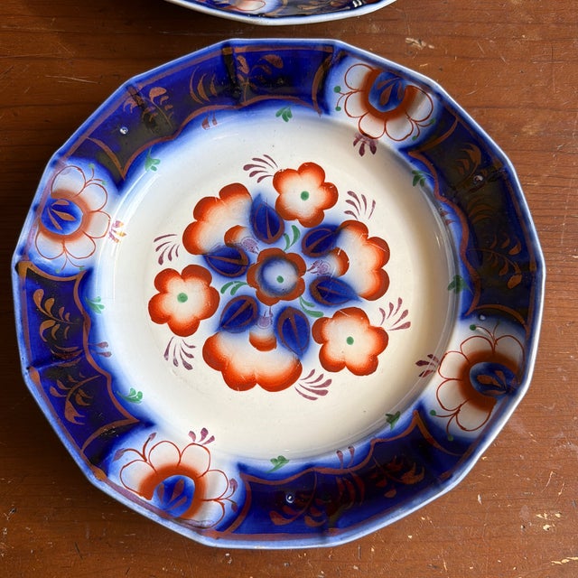 Antique Gaudy Welsh Crescent Pinwheel Flow Blue Plates, a Pair, Circa 1840s For Sale - Image 10 of 12