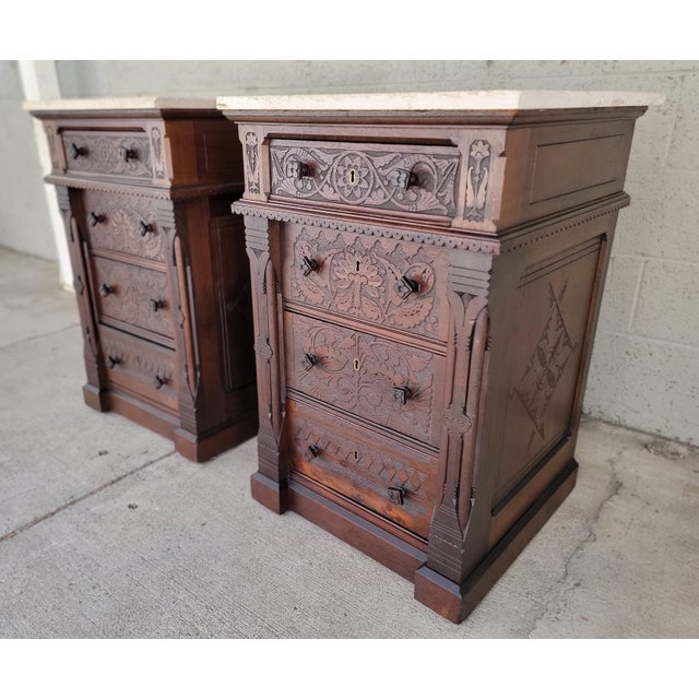 Aesthetic Movement Victorian Era Carved Nightstands / Dressers Late 1800's - A Pair For Sale In San Francisco - Image 6 of 18