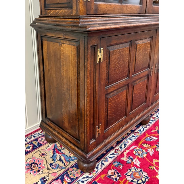 Antique English Large Bookcase Bookshelf Cabinet Double Door Glass Oak C. 1910s For Sale - Image 17 of 18