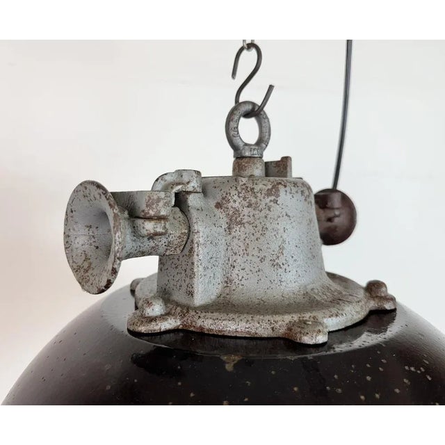 Glass Industrial Black Enamel and Cast Iron Cage Pendant Light from Elektrosvit, 1960s For Sale - Image 7 of 17