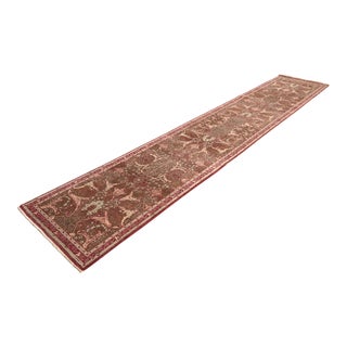 Vintage Hand-Woven Turkish Oushak Wool Runner Rug in Burgundy, Sage, and Tan For Sale