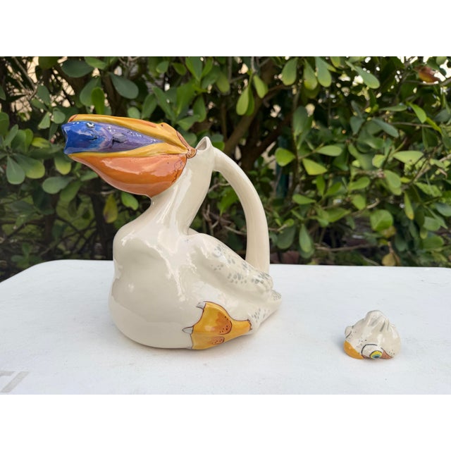 White Vintage Signed Animals & Co. Ceramic Pelican Pitcher With Fish & Removable Lid For Sale - Image 8 of 9