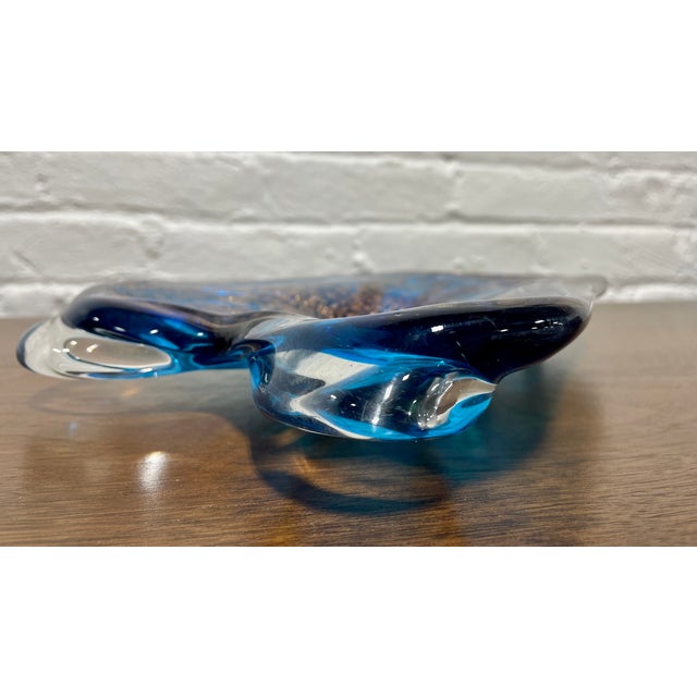 Murano Hand-Blown Blue Art Glass Candy Dish With Copper Inclusions | Sculptural Modern Glass Bowl | Mid Century Modern Decor Accent, C. 1960's For Sale - Image 4 of 11
