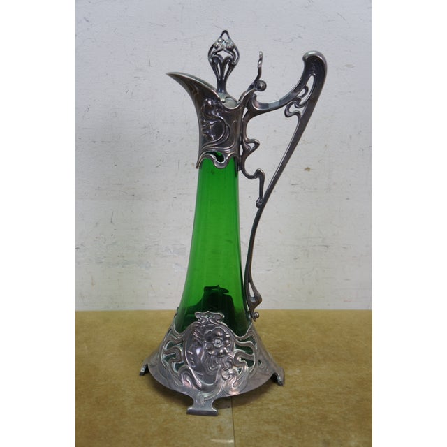 Antique Art Nouveau German WMF Green Glass Pewter Claret Pitcher Jug For Sale - Image 11 of 15