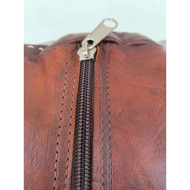 Metal Square Brown Oxblood Red Embroided Moroccan Leather Pouf Cover For Sale - Image 7 of 11