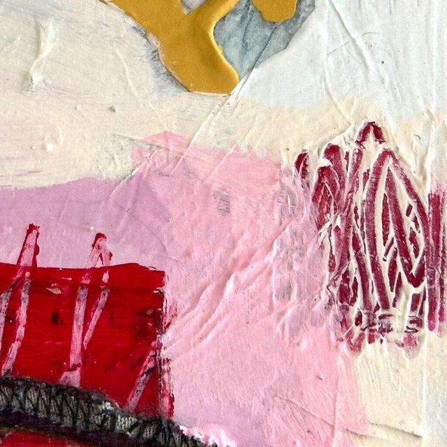 Christiane Corcelle "Echoes of Scarlet Reverie" Mixed Media on Cradled Board, Small Abstract Painting in Pink, Ochre and Scarlet, 2023 For Sale In Boston - Image 6 of 7