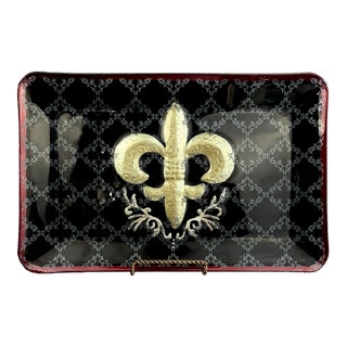 Late 20th Century Hand Painted Fleur De Lis Glass Platter – Black, Gold & Red Rectangular Serving Tray For Sale