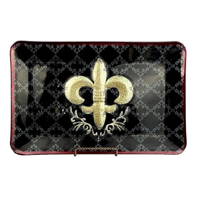 Late 20th Century Hand Painted Fleur De Lis Glass Platter – Black, Gold & Red Rectangular Serving Tray For Sale