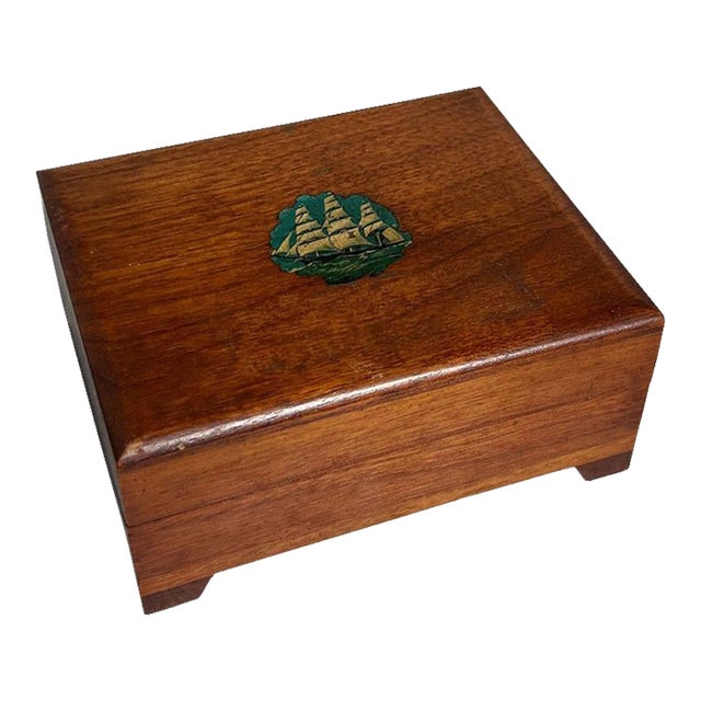 Vintage Brown Nautical Sailing Ship Wood Box With Hinged Lid For Sale