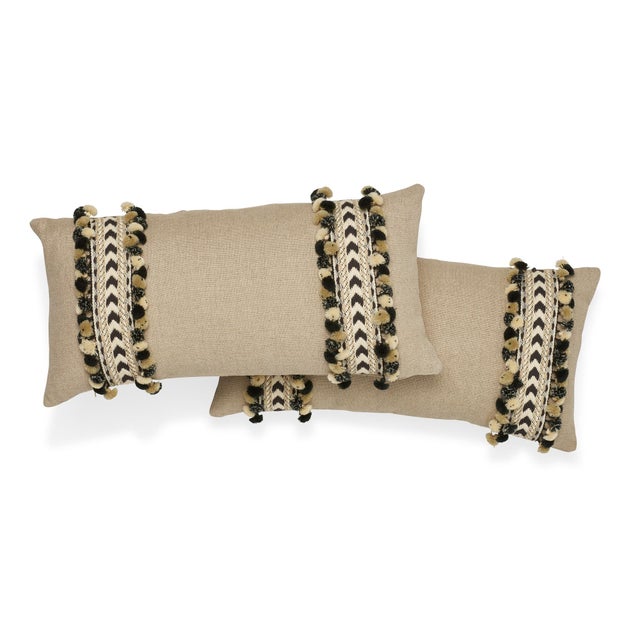 Schumacher Contemporary Schumacher Piet Performance Linen Flax Two-Sided Pillow With Maracana Pom Tape For Sale - Image 4 of 7