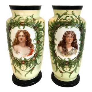 Matched Pair of Late 19th-Century Porcelain Vases With Portraits of Young Women For Sale