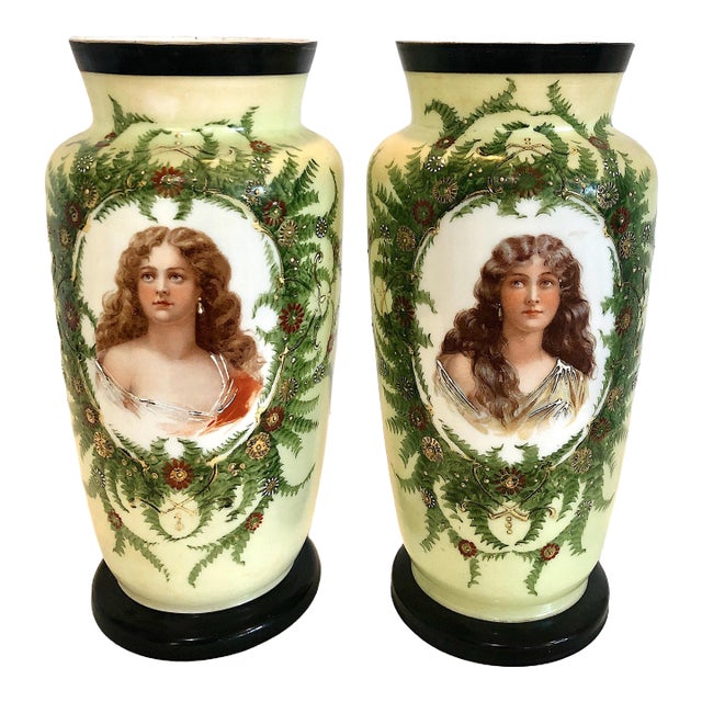 Matched Pair of Late 19th-Century Porcelain Vases With Portraits of Young Women For Sale