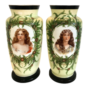 Matched Pair of Late 19th-Century Porcelain Vases With Portraits of Young Women