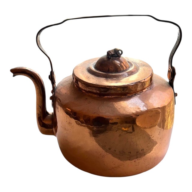 Antique Hammered Copper Kettle With Iron Swing Handle For Sale