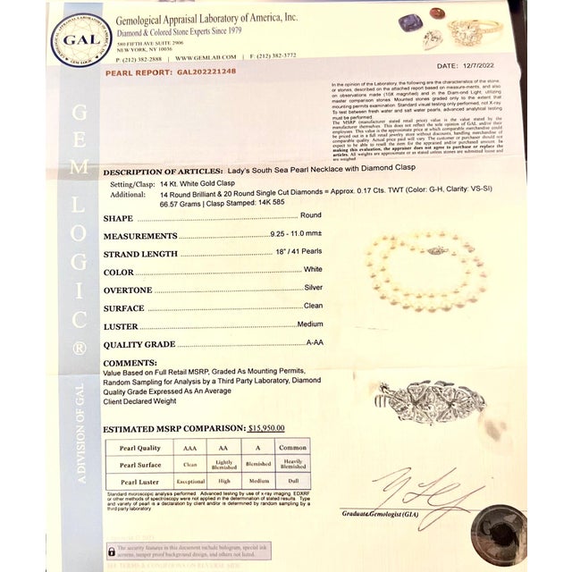 Natural South Sea Pearl Diamond Necklace 14k W Gold Certified For Sale In New York - Image 6 of 9