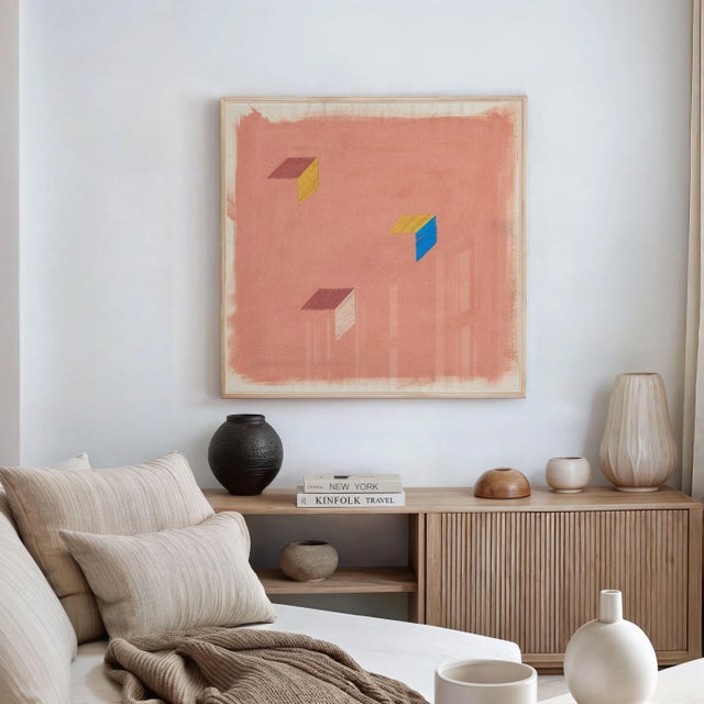 Rose Blush Pink Abstract Geometric 'Birds Wing' Art Print, 30 X 30 Print in Wood Frame For Sale - Image 4 of 4