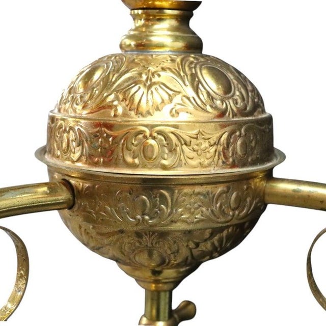Victorian Brass & Cranberry Glass Electrified 3-Light Hanging Chandelier C1880 For Sale - Image 3 of 10