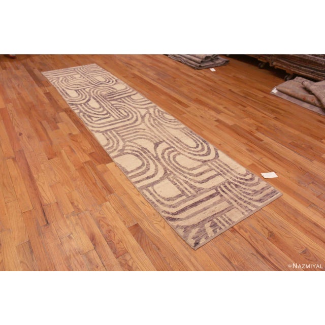 Beautiful Ivory Cream Color Background Art Deco Design Modern Hallway Runner Rug, Country of Origin: Central Asia, Circa...