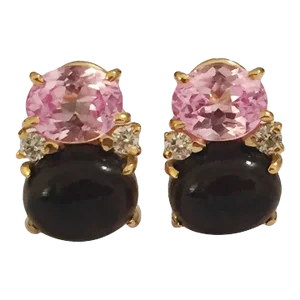 Christina Addison Medium Gum Drop Earrings With Pink Topaz and Cabochon Smoky Topaz and Diamonds - a Pair
