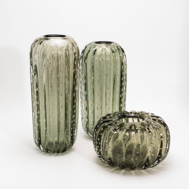 Green Hand-Blown Murano Cactus Vase in Fern Green With Bubbles Medium For Sale - Image 8 of 9