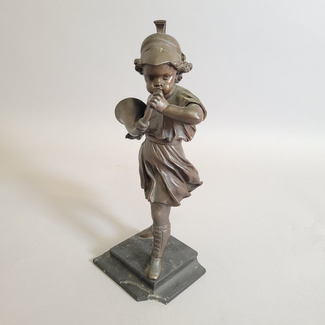 Bronze Grand Tour Revival Bronze Boy With Horn on Marble Base For Sale - Image 8 of 9
