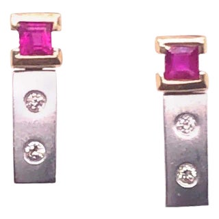 14 Karat White and Yellow Gold Screw Back Ruby Earrings With Diamonds For Sale