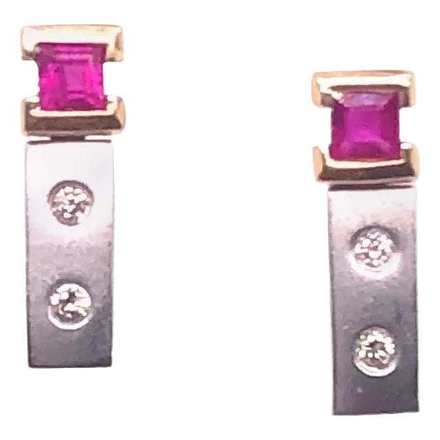 14 Karat White and Yellow Gold Screw Back Ruby Earrings With Diamonds For Sale