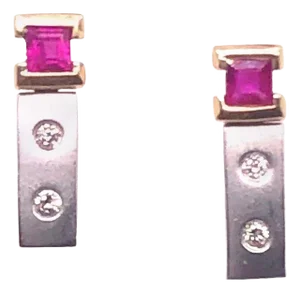 14 Karat White and Yellow Gold Screw Back Ruby Earrings With Diamonds