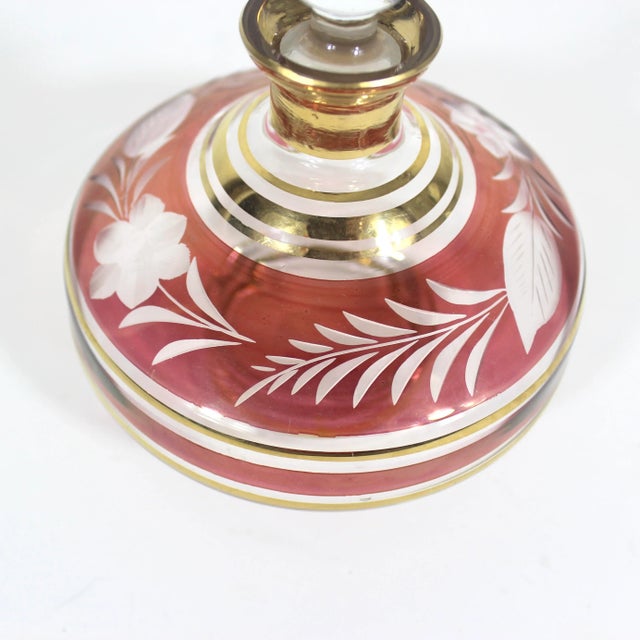 Vintage Bohemian Cut Cranberry and Gold Glass Bottle With Stopper For Sale - Image 9 of 10