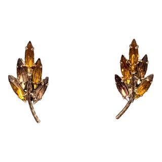 Vintage 1960s Signed Napier Faux-Topaz & Faux-Citrine Leaf Clip Earrings - 2 Pieces For Sale