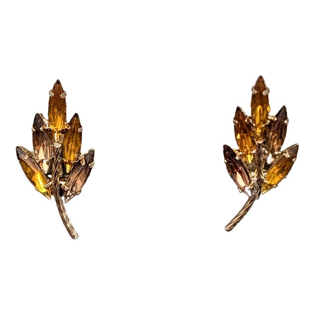 Vintage 1960s Signed Napier Faux-Topaz & Faux-Citrine Leaf Clip Earrings - 2 Pieces For Sale