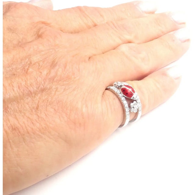 Aaron Basha 18k White Gold Diamond Red Enamel Ladybug Band Ring, size 4 For Sale - Image 9 of 9