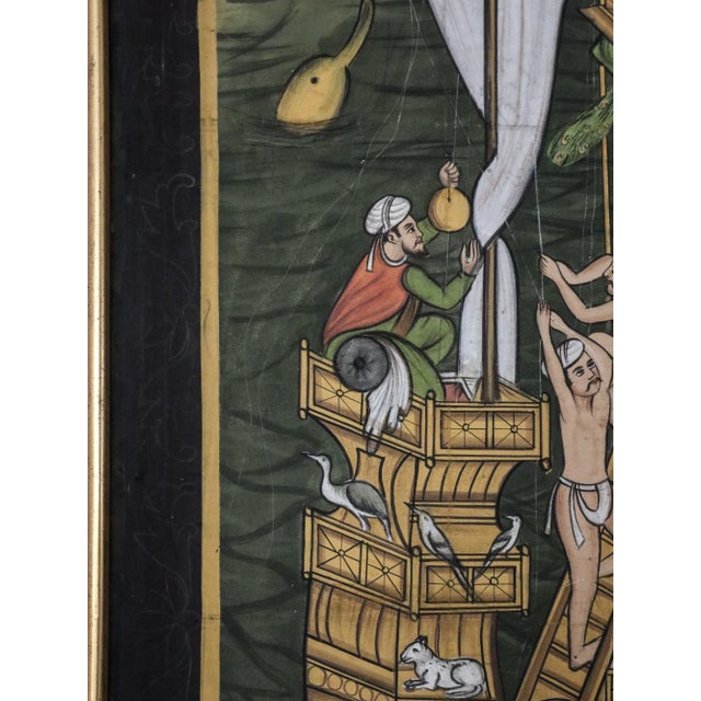 Original Hand-Painted Silk Art - Noah’s Ark Religious Illustration- Large Vintage Gold-Framed Maritime Scene For Sale - Image 4 of 12