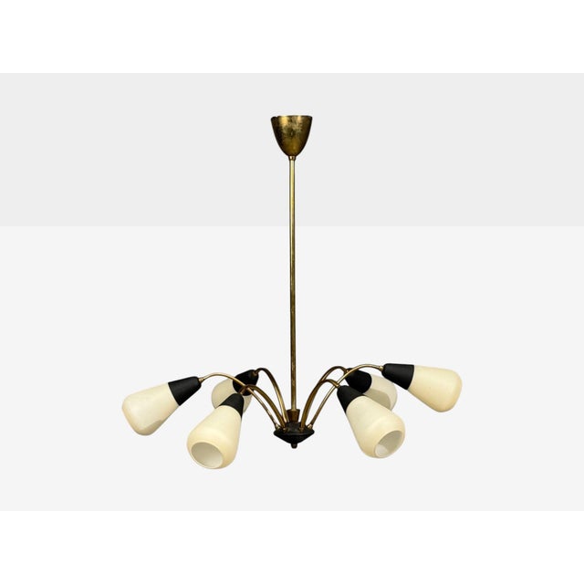 Mid-Century Modern 1960s Sputnik Style, Chandelier, Brass, Enameled Metal, Glass For Sale - Image 3 of 10