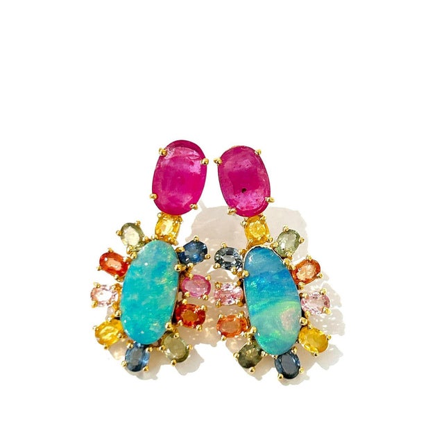 Bochic “Orient” Ruby, Opal & Multi Sapphires Earrings Set In 18K Gold & Silver - a pair For Sale - Image 4 of 6